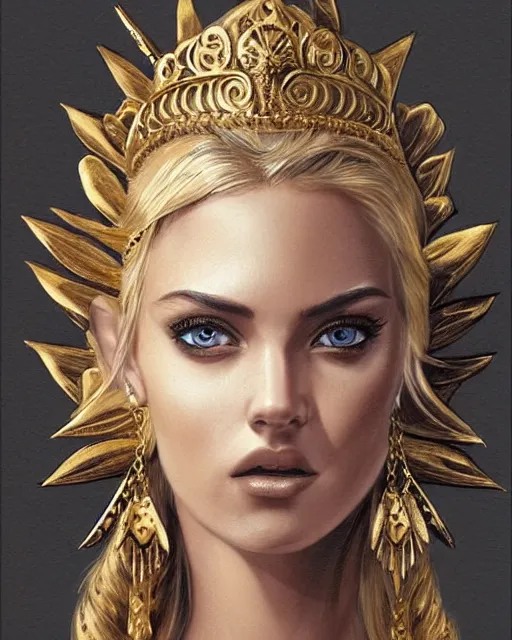 Image similar to tattoo design sketch of hot blonde super model as aphrodite greek goddess wearing a gold laurel wreath and triangle earrings, beautiful piercing gaze with sharp pupils, in the style of greg rutkowski, fantasy, amazing detail, epic, elegant, smooth, sharp focus, front view