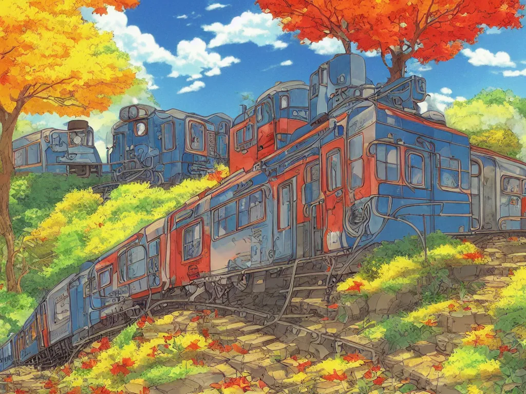 Image similar to sideview of a anime train, illustration, autumn light, colorful, beautiful, inspired by studio ghibli, inspired by hayao miyazaki, concept art, manga, cute and adorable