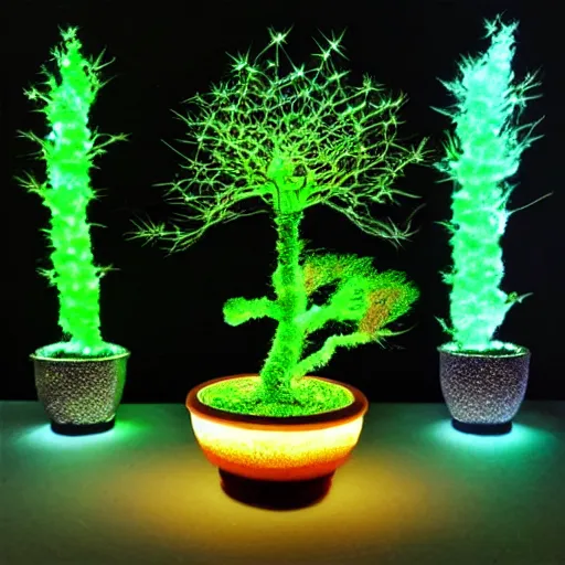 Prompt: elemental radium infused glowing fiberoptic bonsai