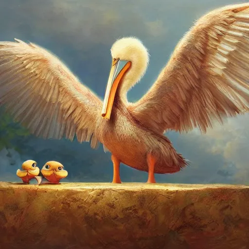 Prompt: An adorable whimsical pelican conducting an orchestra, highly detailed, digital painting, artstation, concept art, smooth, sharp focus, studio light, by Pixar and Disney and Justin Gerard,