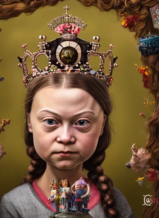 Image similar to highly detailed closeup, face profile portrait of greta thunberg as a tin toy fairytale goth princess wearing a crown eating cakes, bikini, unreal engine, nicoletta ceccoli, mark ryden, earl norem, lostfish, global illumination, detailed and intricate environment