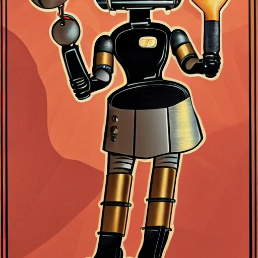 Image similar to retrofuturism poster of an anthropomorphic retro futuristic steampunk robot maid