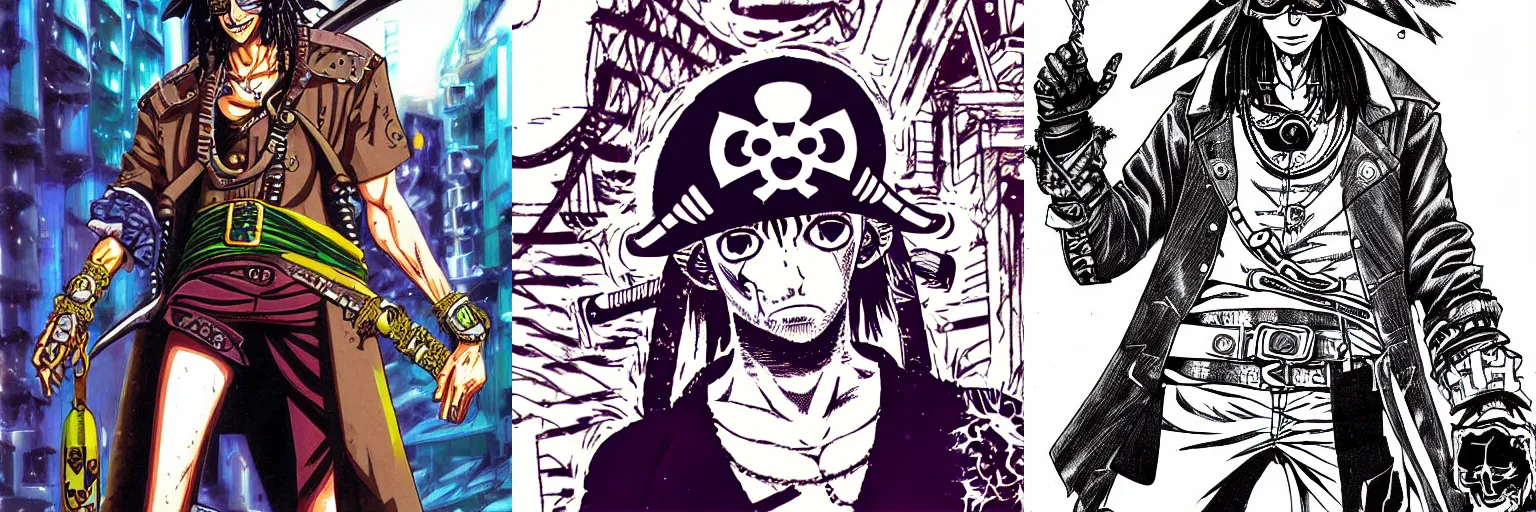 Prompt: a cyberpunk pirate by eiichiro oda