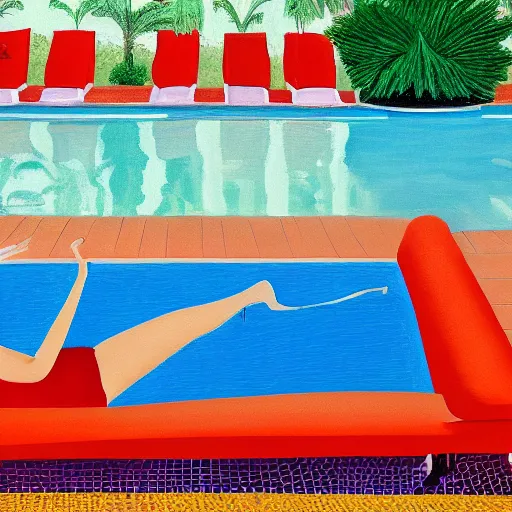 Prompt: donald trump laying by the pool, mar - a - lago, painted by david hockney, oil on canvas, large, opulent, servants, 8 k