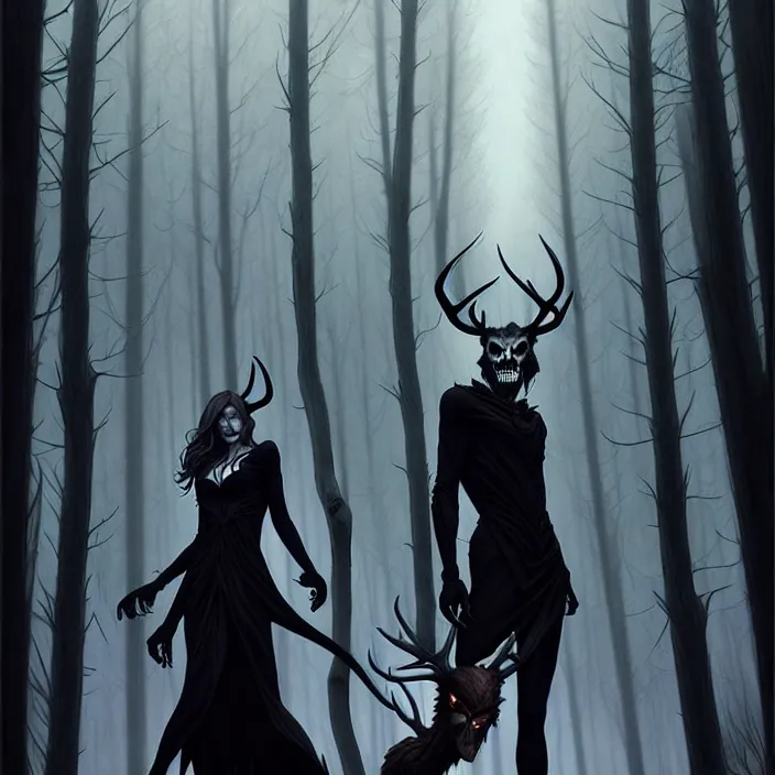 Image similar to style artgerm, joshua middleton, diego fazio, gerald brom : : scary wendigo with antlers and skull face mixed with werewolf : : [ beautiful witch wearing a black dress, symmetrical face, on the right side ] : : in the forest, detailed, dark and foggy, cinematic lighting