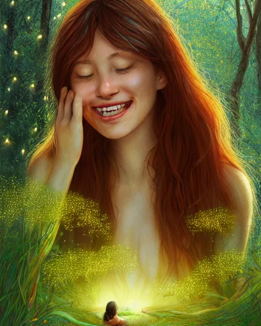 Image similar to shy young woman, smiling, amazed by the lights of golden fireflies, sitting in the midst of nature fully covered, long loose red hair, intricate linework, dreamy green eyes, small nose with freckles, oval shape face, realistic, expressive emotions, dramatic lights, spiritual scene, hyper realistic ultrafine digital art by james jean and albert bierstadt and artgerm