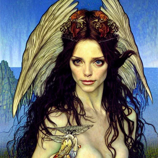 Prompt: head and shoulders portrait of a winged harpy, d & d, fantasy, luis royo, magali villeneuve, donato giancola, wlop, krenz cushart, hans zatka, klimt, alphonse mucha