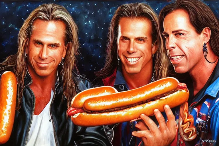 Prompt: portrait of wwf shawn michaels and wwf bret hart sharing hotdogs, an oil painting by ross tran and thomas kincade