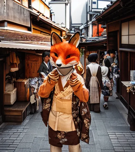 Prompt: 1 8 th century japanese street market in kyoto 1 9 0 0 s photography photo portrait anthro anthropomorphic fox head animal person fursona wearing clothes street trader