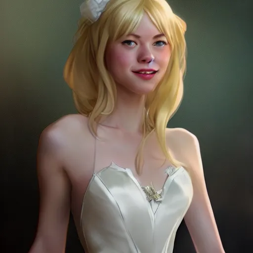 Prompt: gwen stacy in a wedding dress, cg animation, riot entertainment, arcane, realistic, character select portrait, by artgerm, greg rutkowski, alphonse mucha, 3 d