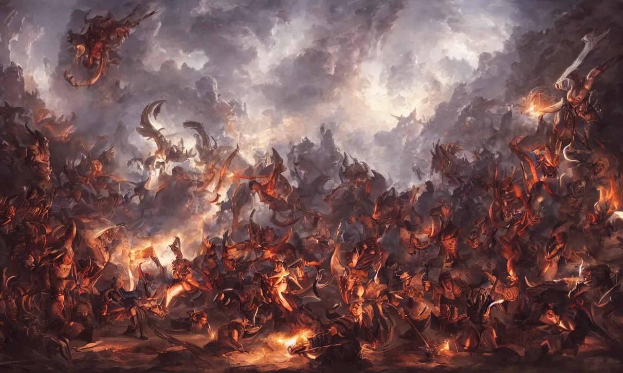 Image similar to epic battle between human warriors mages and demons, cathedrals and abbeys, by liang xing