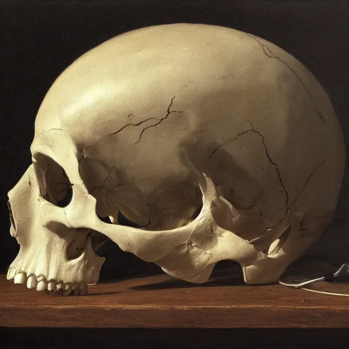 Image similar to still life painting of a skull with neon glowing crystal eyes, by pieter claesz, oil on canvas, strong lighting, highly detailed, hyper realism, golden hour, god rays, hd, 4 k