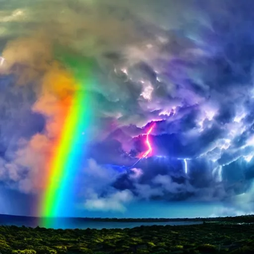 Image similar to Wide-angle shot of an epic sky battle between teams of dragons breathing rainbow fire at one another, over a weltering sea of magic.