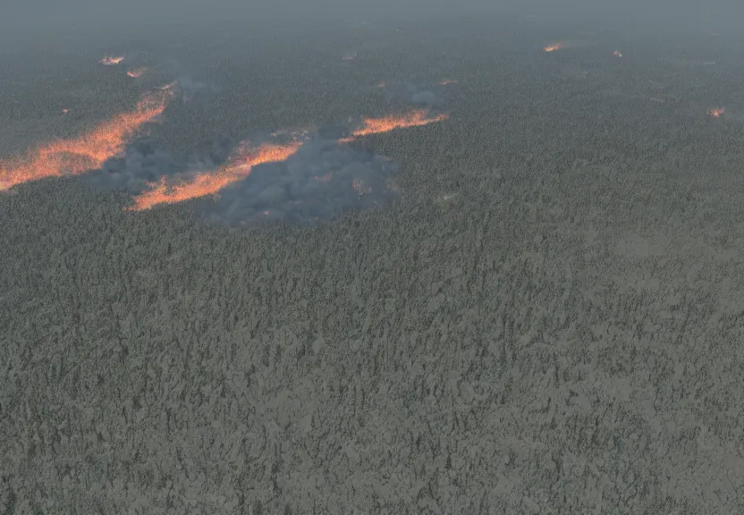 Prompt: hyper realistic overhead view of an large area with forest fires, pollution, climate change, destruction, octane render,