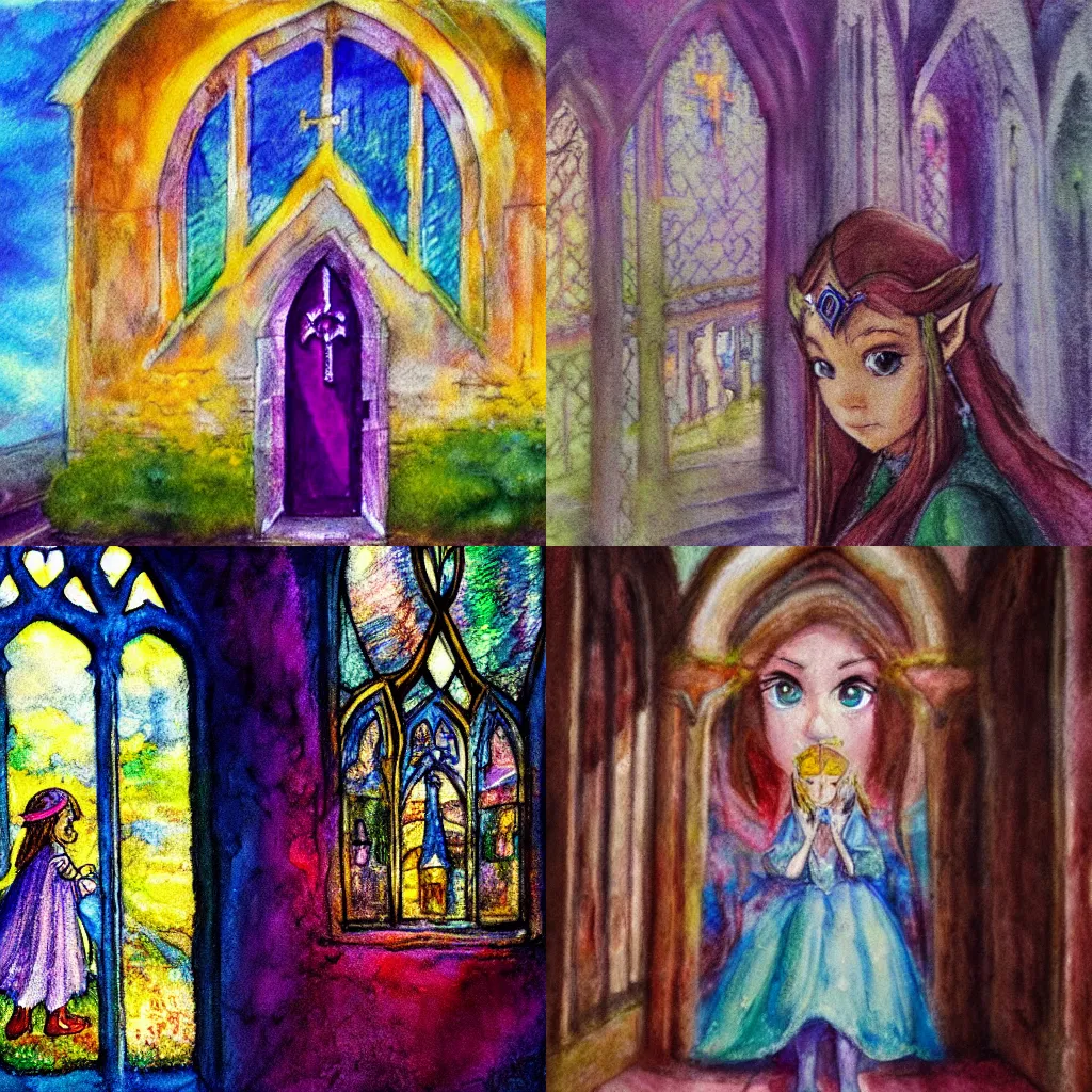 Prompt: princess zelda facing camera in front of church window backlit, surrealism, impressionism, pastel, watercolor, highly detailed, coherent, sharp focus