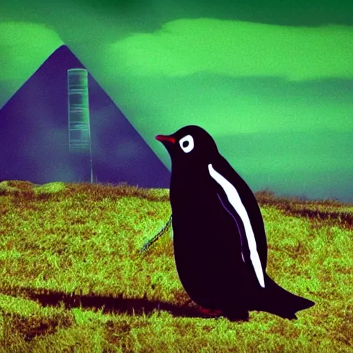 Image similar to penguin with red glowing eyes in front of a green glowing tower in the background, lord of the rings style