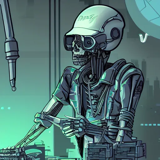 Image similar to cyberpunk skeleton maintenance worker fixing a modem, sharp lines, digital, artstation, colored in