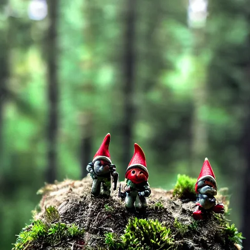 Prompt: gnome paratroopers landing in the coniferous forest, hyper detailed photo with insane depth of field effect