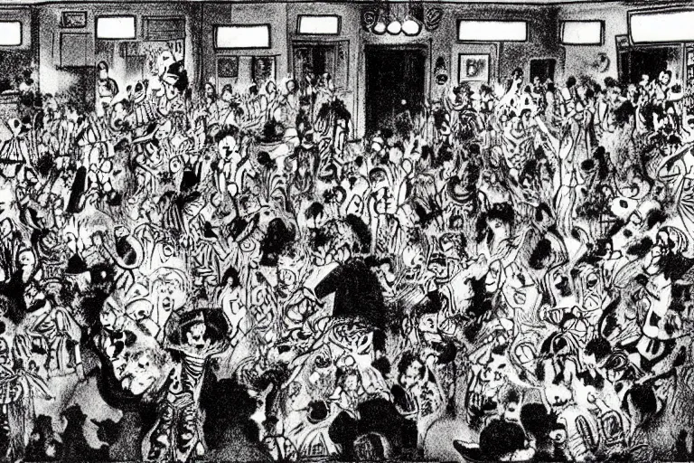 Prompt: a packed dance floor at a nightclub, illustration by maurice sendak, award winning illustration, colour