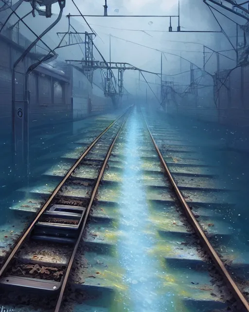 Image similar to train tracks stretching out toward the horzon that are submerged under a few inches of water in a wide pool of water, intricate, elegant, highly detailed, digital painting, artstation, concept art, smooth, sharp focus, illustration, art by artgerm and greg rutkowski and fra angelico