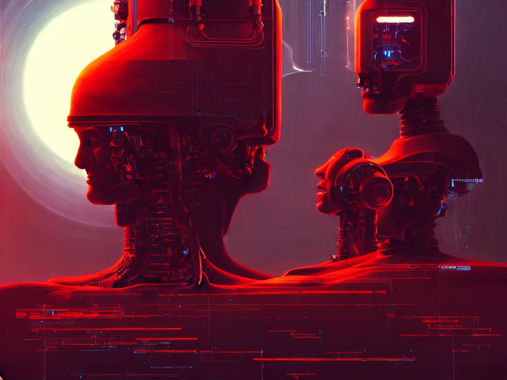 Image similar to humachine humanized experiment, robots inside the head, mechanic chaotic landscape distopic, cyberpunk, sci - fi, 7 0 s colors, cinematic lighting, digital painting, photorealistic, ultra detailed, 4 k, art by vincent di fate