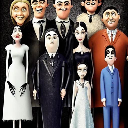 Image similar to family portrait, highly detailed, the addams family all played by Jim Carrey, indoors