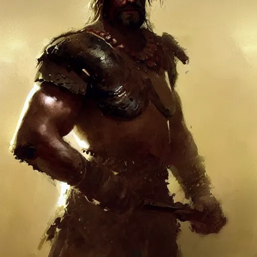 Image similar to Portrait painting of a barbarian warrior by greg rutkowski and Craig Mullins, Dark atmospheric and cinematic lighting