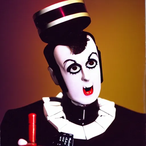 Prompt: a machine that mass produces klaus nomi, product photo