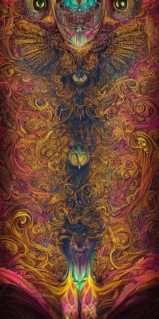 Image similar to intricate ornate of an owl with beautiful yellow eyes on a psychedelic journey in the style of android jones, sacred, ethereal, sacred geometry, hyper detailed, high detail, artstation, octane, unreal engine