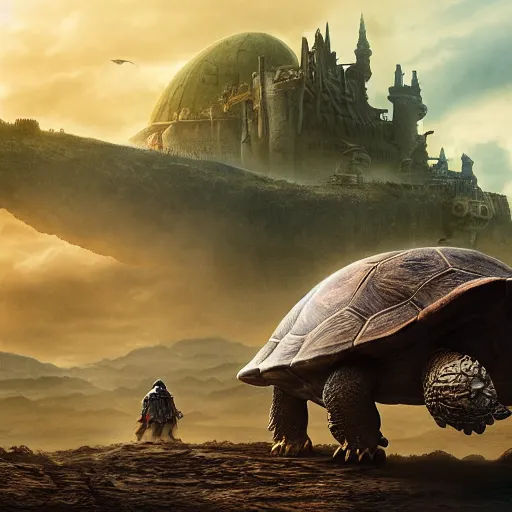 Image similar to gargantuan tortoise with a large fantasy castle armor walking through a sandy wasteland, howls moving castle, mortal engines, mid - distant shot centered birds eye view, fantasy, hyper detailed, 4 k