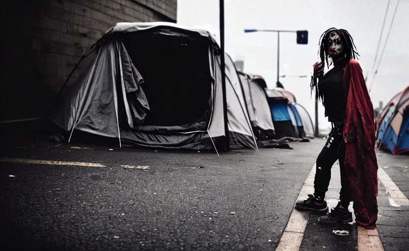 Image similar to Cinestill 50d candid photography of a city on fire, extreme wide shot of a poor techwear mixed woman wearing thick mascara and makeup crying outside of a futuristic city on fire, cyberpunk, tattoos, homeless tents on the side of the road, extreme long shot, desaturated, full shot, blurry, 4k, 8k, hd, full color