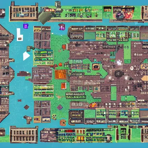 Prompt: top view video game map of a cyberpunk city