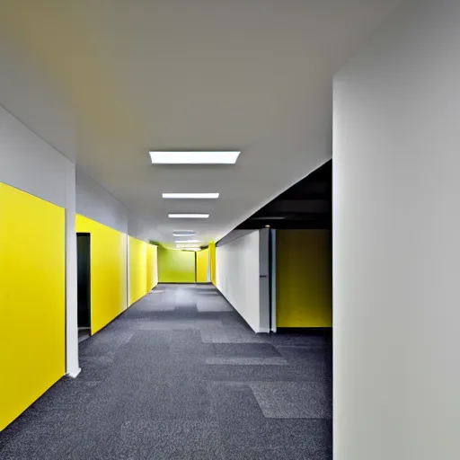 Image similar to liminal office space with walls and carpeting with a monochromatic tone of yellow, fluorescent lights