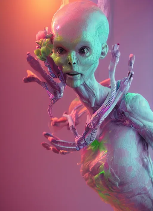 Prompt: alien woman, clothes made out of flower, rgb, cables everywhere, bedroom, ultra realistic, concept art, intricate details, highly detailed, photorealistic, octane render, 8 k