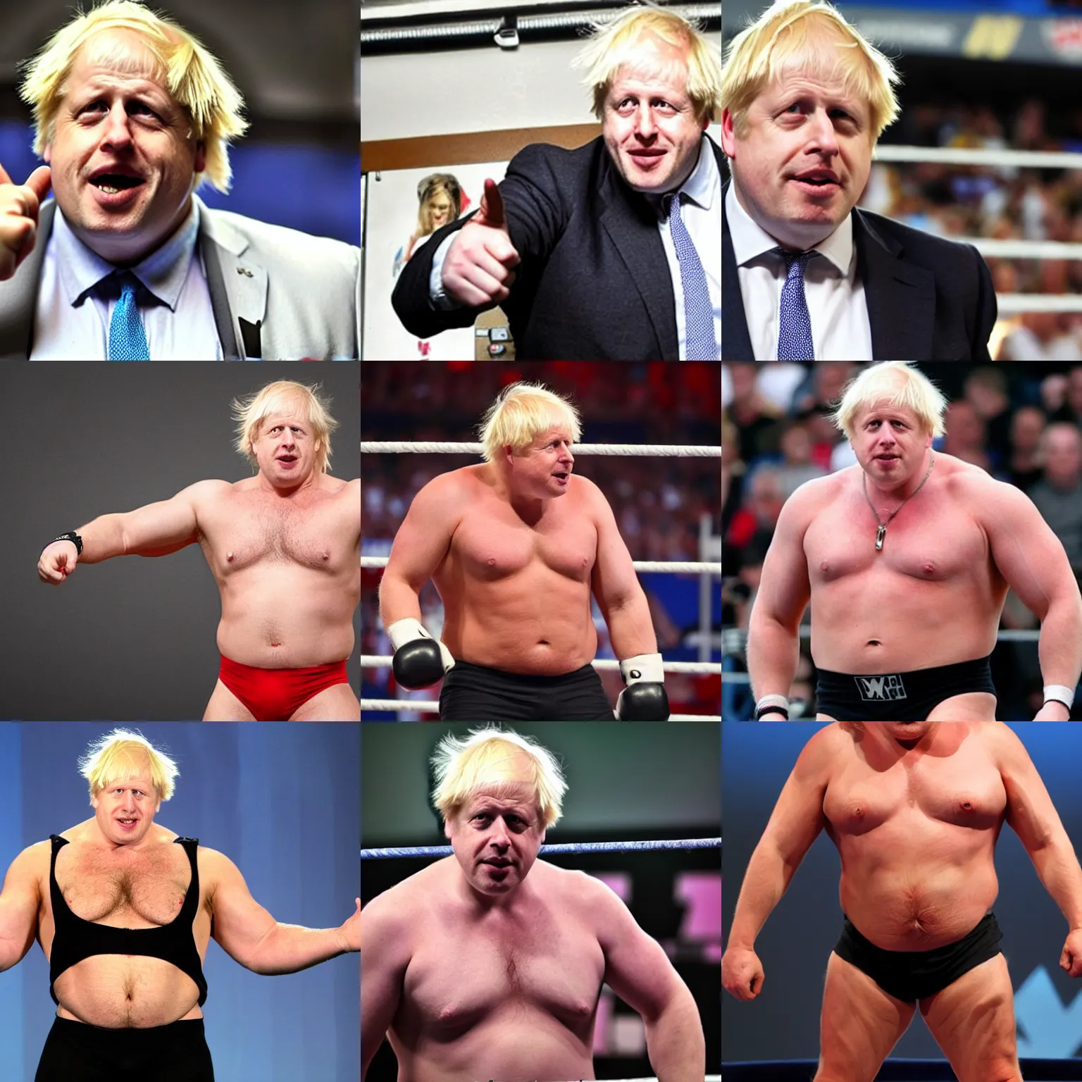 Prompt: boris johnson as a muscular wwe wrestler, looking at his hand
