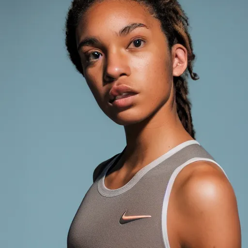 Image similar to realistic photoshooting for a new nike lookbook color film photography portrait of a beautiful woman model wearing a taupe pelagia tank top, photo in style of tyler mitchell