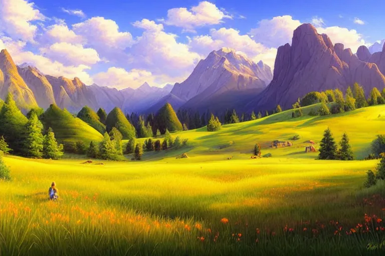 Image similar to landscape painting of meadows with mountainrange in background, nature, summer, fine details, magali villeneuve, artgerm, rutkowski