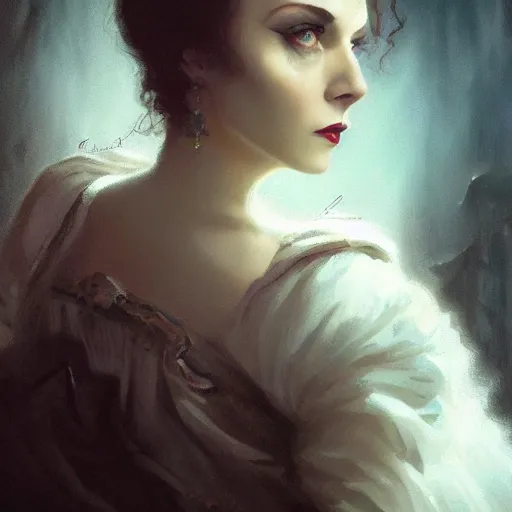 Prompt: closeup portrait of a young vivian leigh in gothic clothing, dramatic light, gorgeous view, depth, high detail, digital art, painted by greg rutkowski and seb mckinnon, by tim burton, trending on artstation