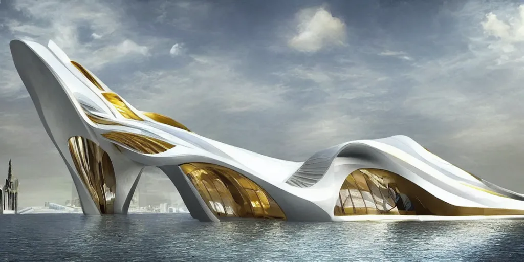 Image similar to mosque floating spaceship by zaha hadid, golds fantasy world