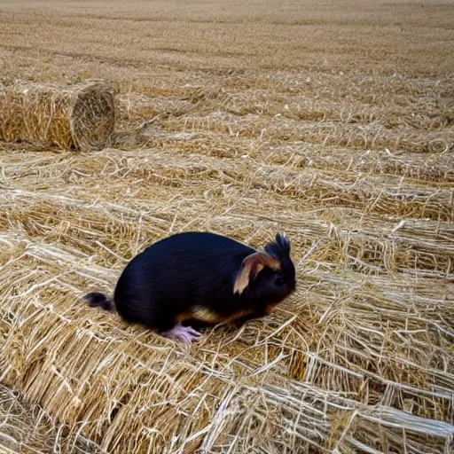 Image similar to a guinea pig with white wings flying above a field of hay,