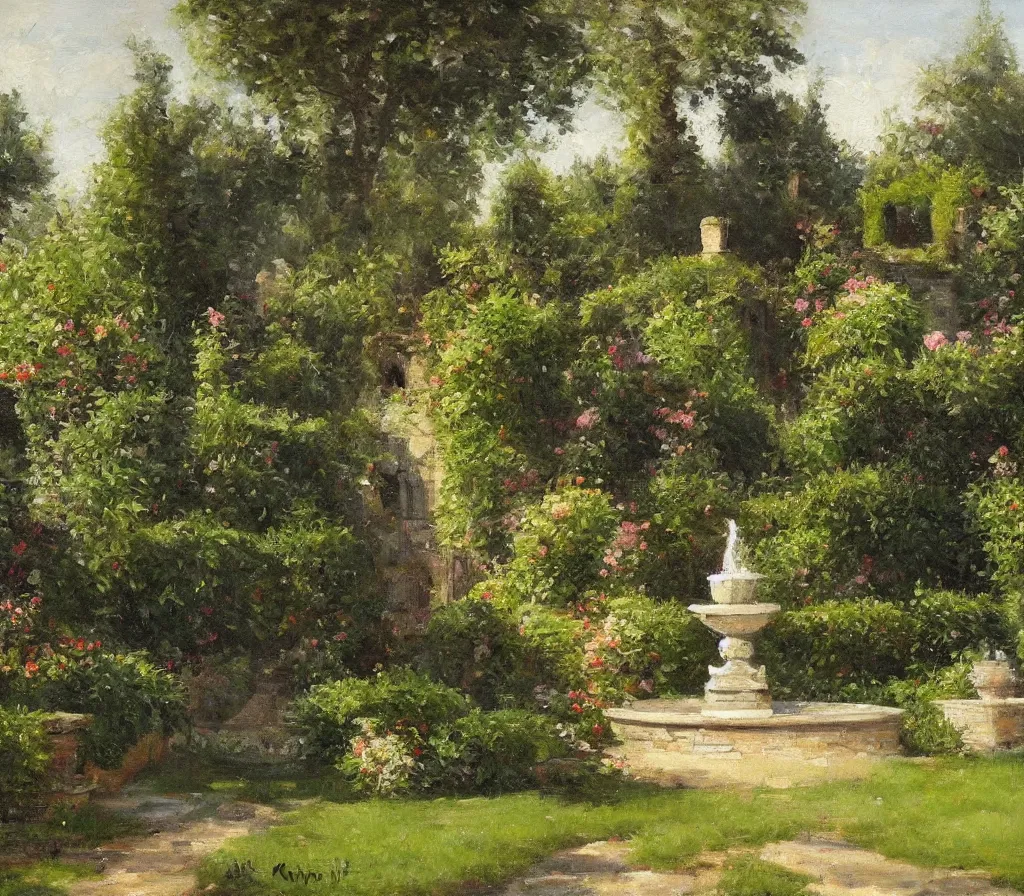 Prompt: Small garden with hedges, center fountain. history painting, artificial sun light, peaceful tiny walled garden, artstation, oil on canvas, by Albert Aublet, Private Collection