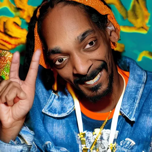 Image similar to Snoop Dog with big eyes eye color red , smiling and holding a joint in his hand