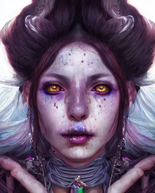Image similar to portrait of a village witch, beautiful, fantasy, colorful, cinematic lighting, artstation, trending, highly detailed, focus, smooth, by hirohiko araki and yoshitaka amano