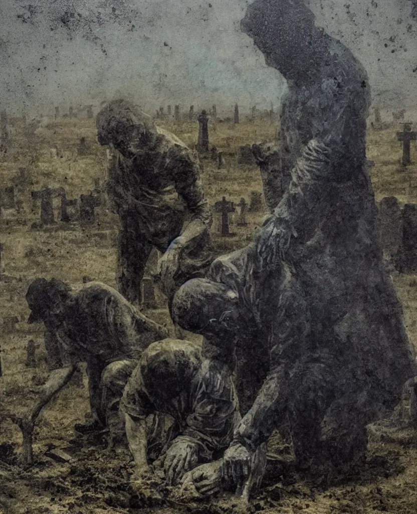 Image similar to a man in a cemetery digging up a dead body, by nicola samori, painting, 8 k, high detail, medium blue, orange, and dark green tones, high quality, sad feeling, high detail, dark colors, sinister atmosphere, dramatic lighting, cinematic, establishing shot, extremely high detail, photo realistic, cinematic lighting