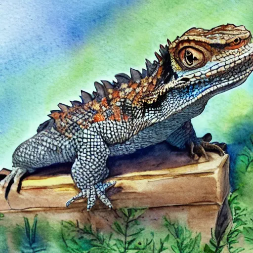 Prompt: a watercolor painting of a bearded dragon, in the style of a childrens book cover