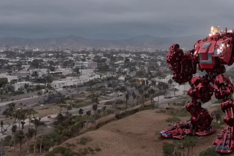 Image similar to cinematography of giant Mech on Santa Monica peer By Emmanuel Lubezki