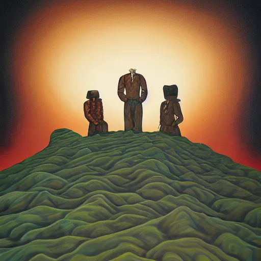 Prompt: a painting of a group of people standing on top of a hill, a surrealist painting by jeffrey smith, trending on artstation, psychedelic art, apocalypse landscape, dystopian art, apocalypse art