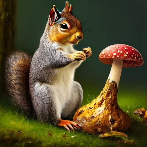 Prompt: a squirrel hiding from the rain under a mushroom, very detailed, artstationhq, trending on artstation, oil painting by alexander roslin, emotional, cute, 4k