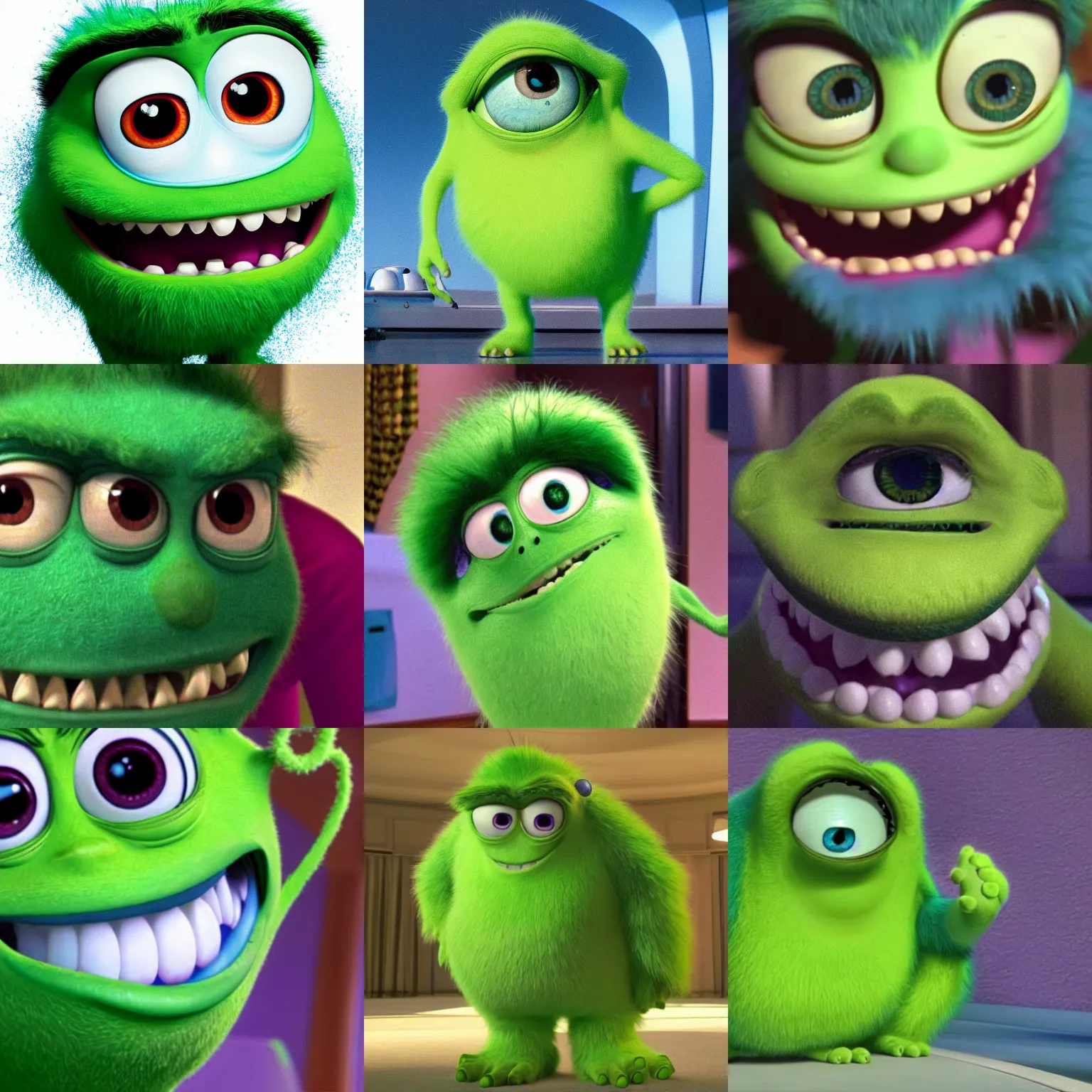 Prompt: mike wazowski with the face of sully from monsters inc (2001), movie, high quality