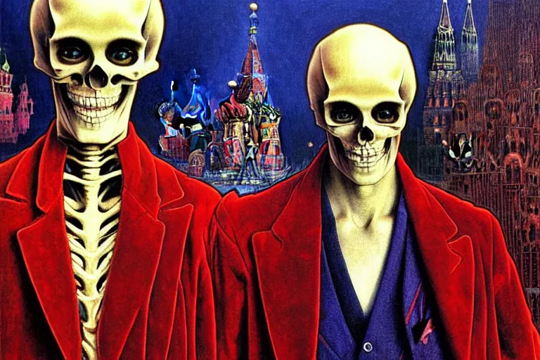 Image similar to realistic detailed closeup portrait painting of a single skeleton wearing red velvet blazer in a crowded futuristic moscow street by Jean Delville, Amano, Yves Tanguy, Alphonse Mucha, Ernst Haeckel, Edward Robert Hughes, Roger Dean, rich moody colours, blue eyes